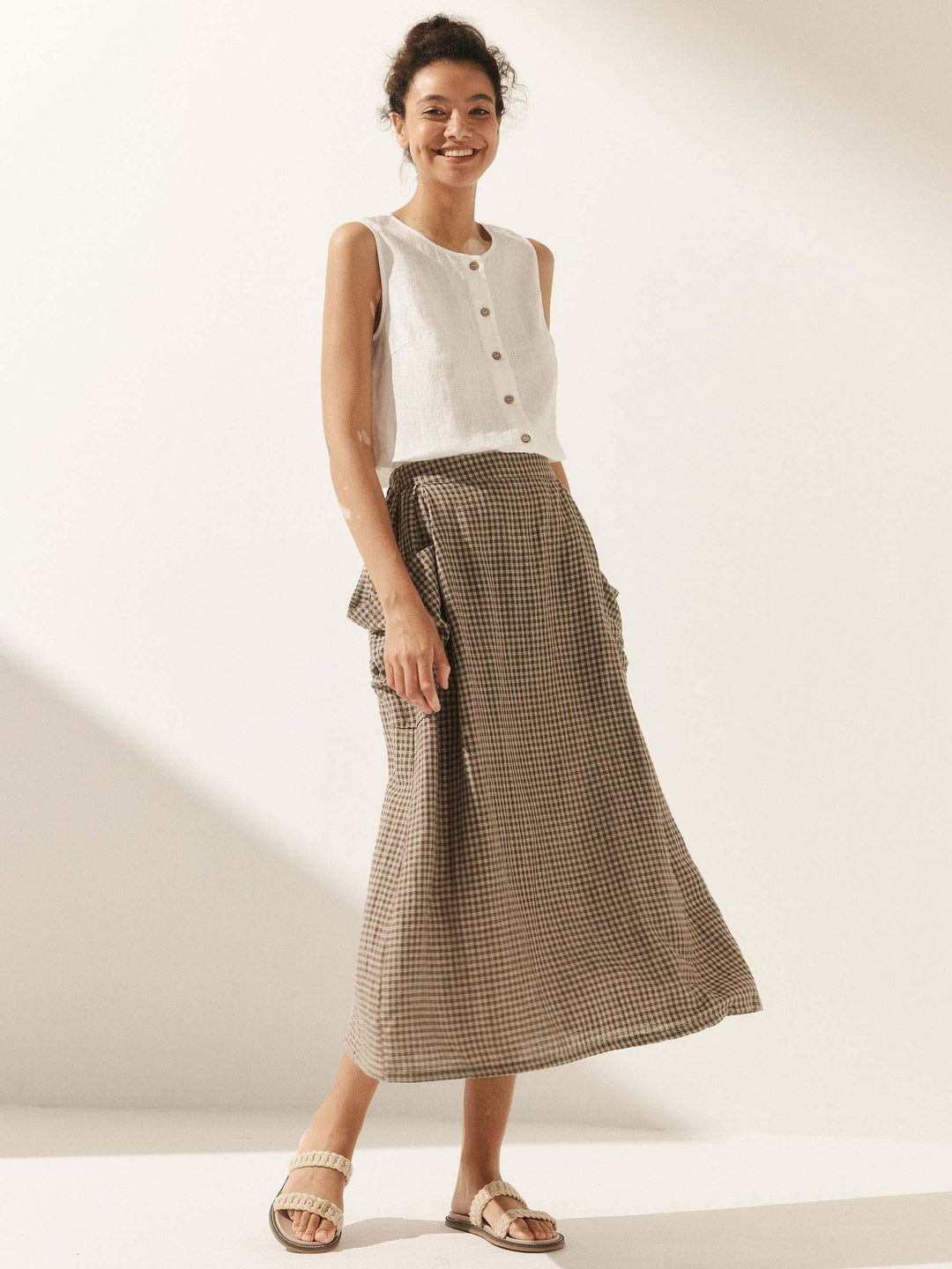 Linen Checked Elastic Waist Skirt ONYX