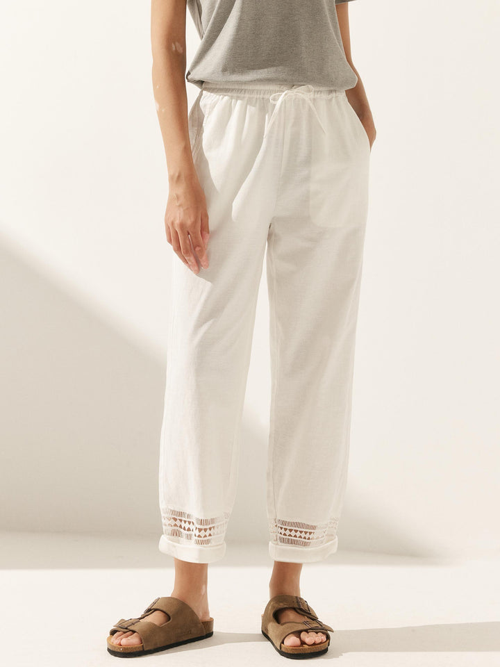 Linen Hollow Lace Stitching Elastic Waist Ankle Length Pants RITA