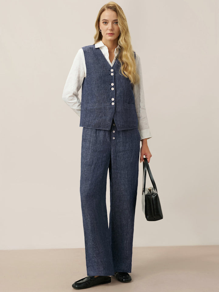 100% Linen Denim Texture Elastic Waist Straight Leg Pants HAZEL