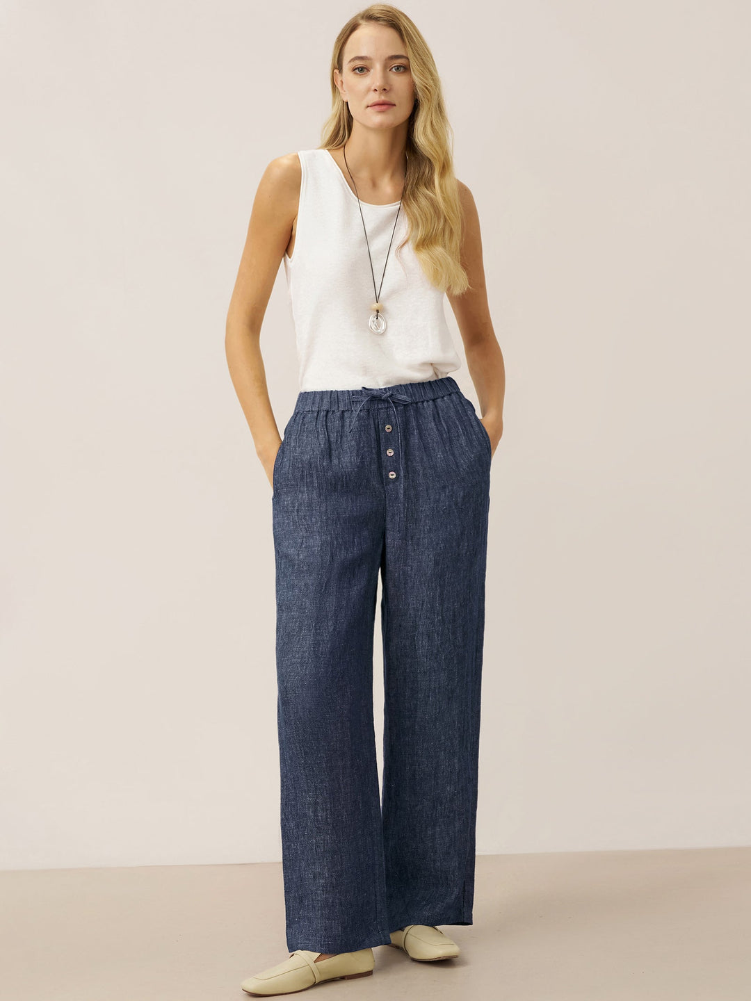 100% Linen Denim Texture Elastic Waist Straight Leg Pants HAZEL