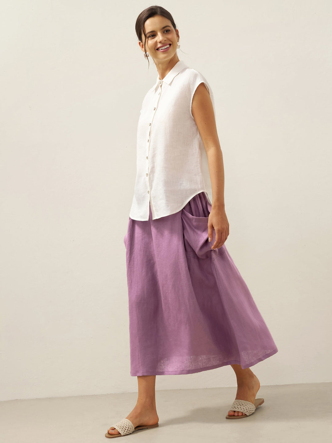 Linen Checked Elastic Waist Skirt ONYX