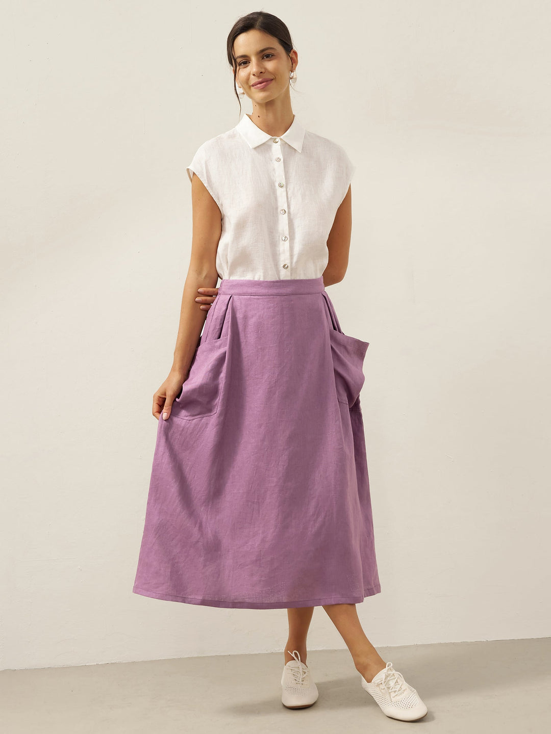 Linen Checked Elastic Waist Skirt ONYX
