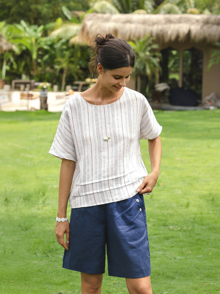 100% Linen Elastic Waistband Capri Pants ANNA