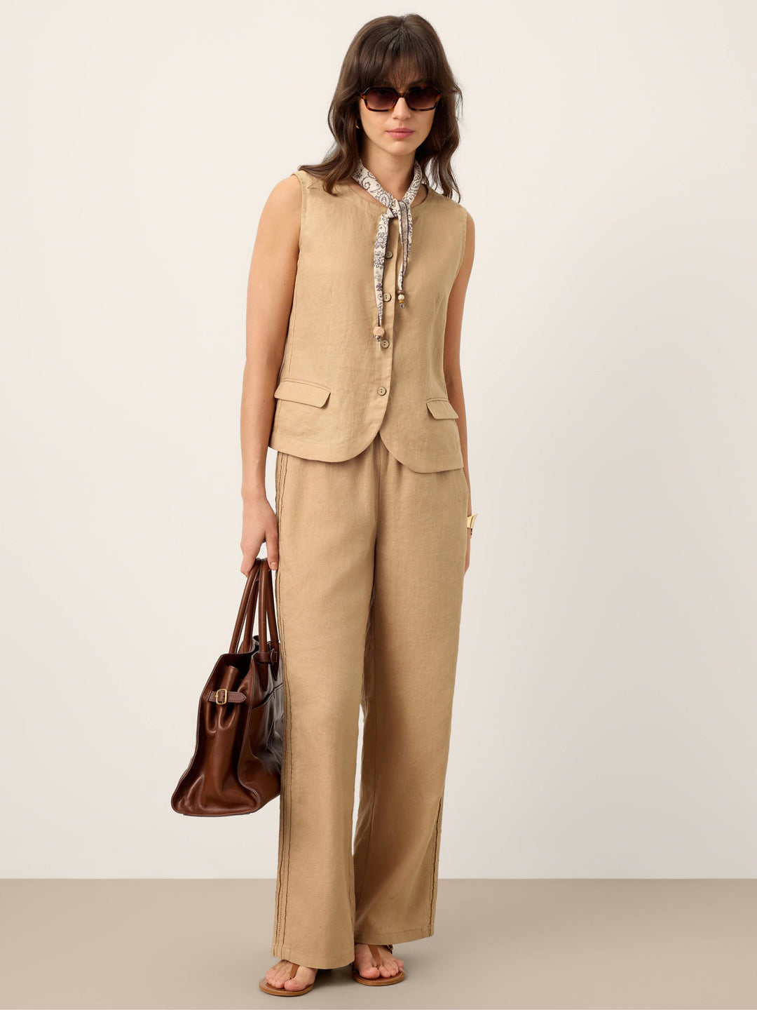 100% Linen Hemstitch Wide Leg Trousers LEONTINE