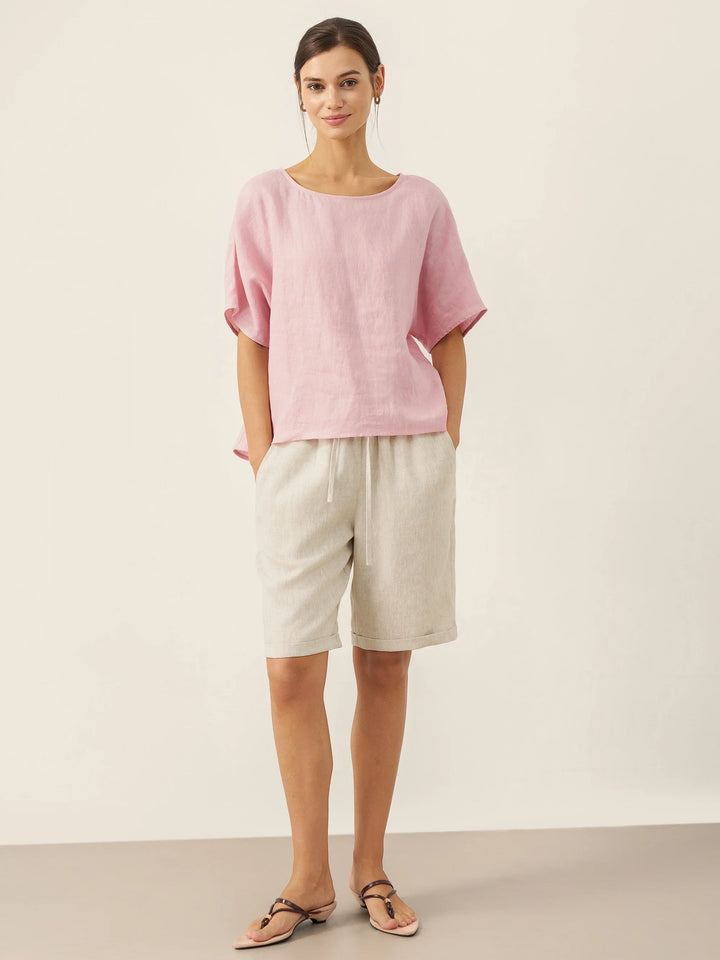 100% Linen Elastic Drawstring Waist Capri Pants XIMENA
