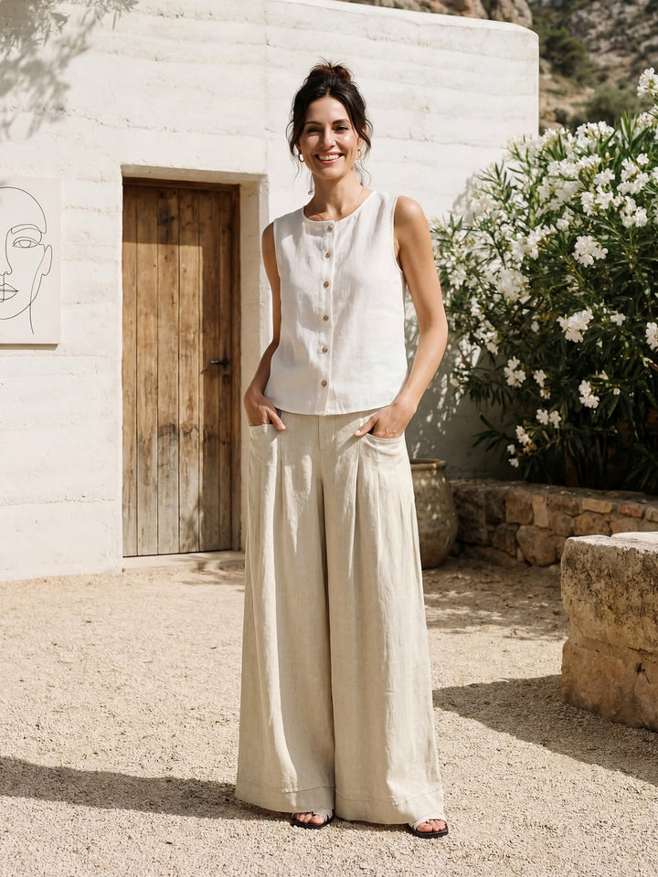 100% Linen Sculpted Pleat Elasticated Back Relaxed Pants VERIDIANA