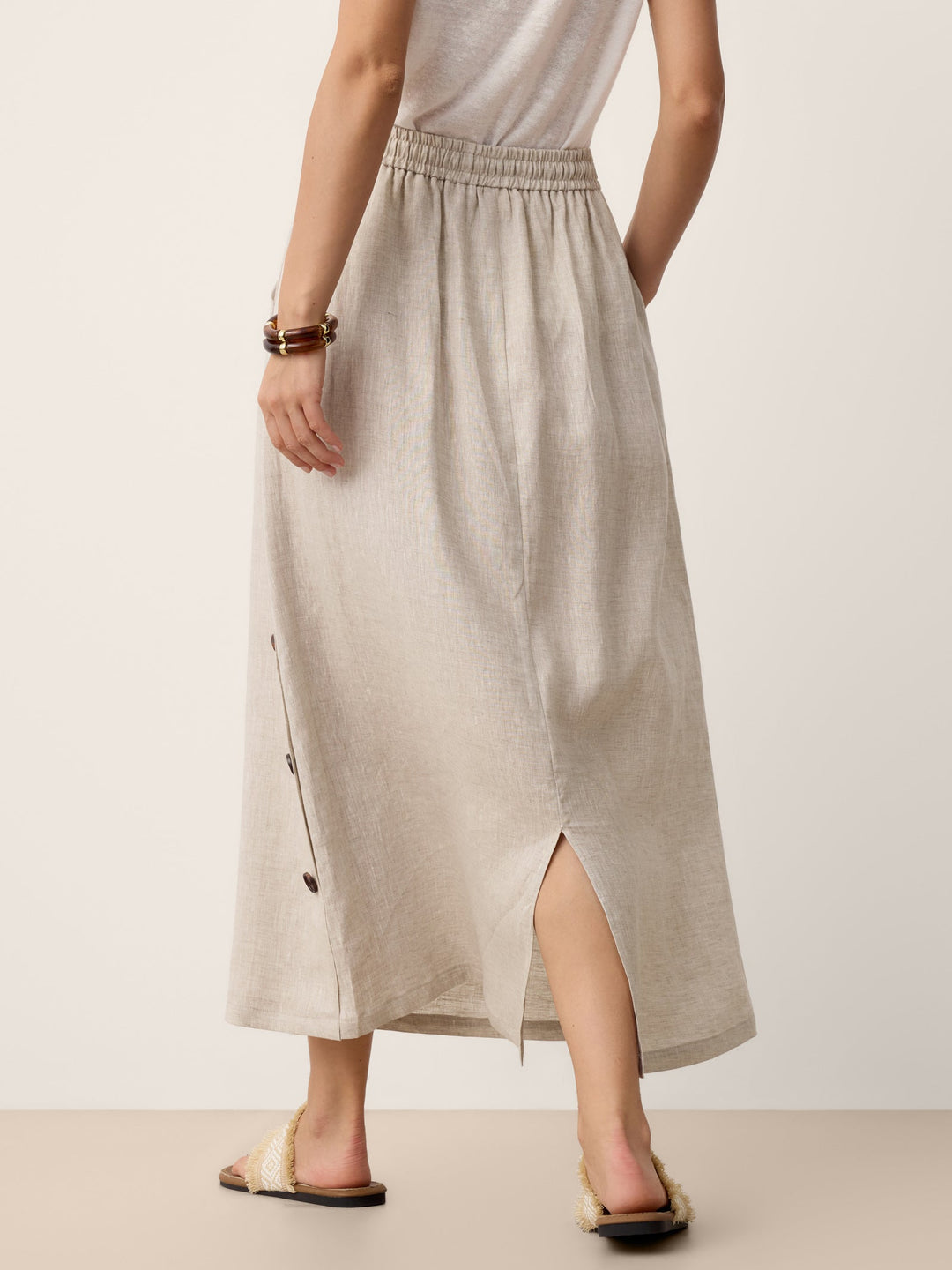 100% Linen Button-Trim Slit Skirt ASTRA