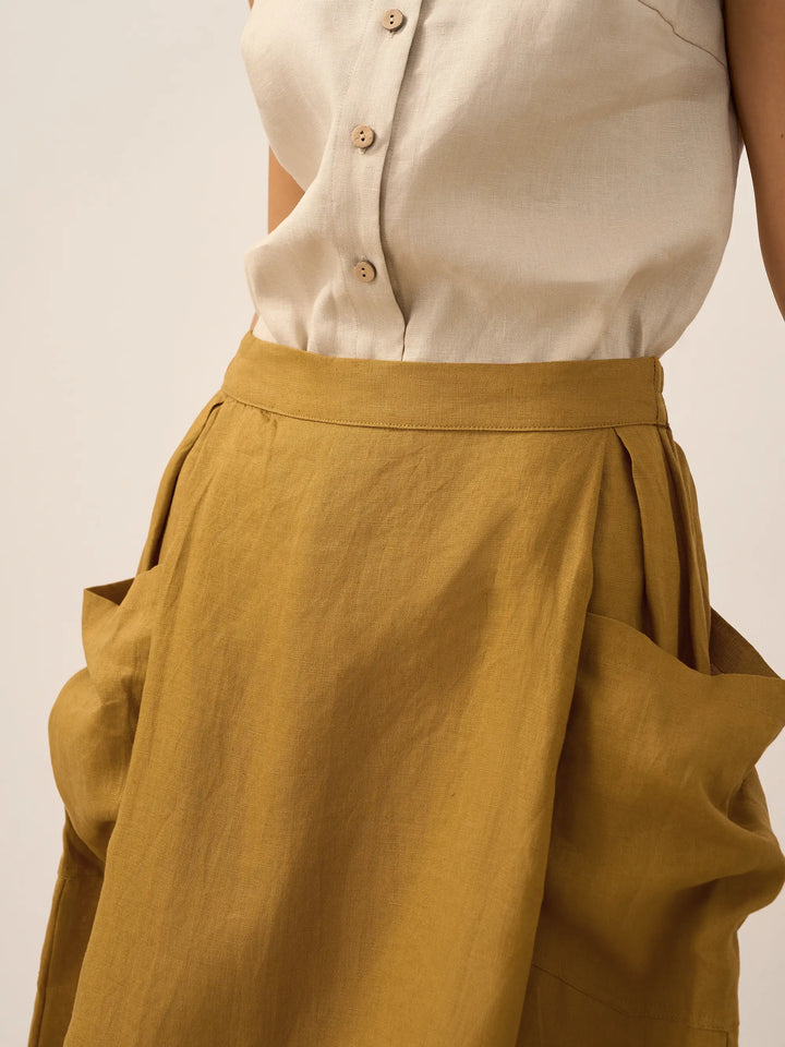 Linen Checked Elastic Waist Skirt ONYX