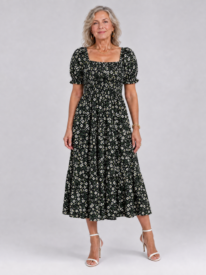 LOUSE | Floral Smocked Square Neck Midi Dress