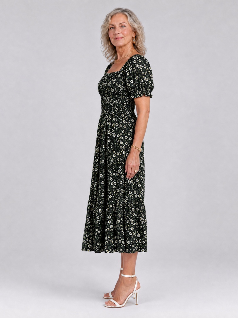 LOUSE | Floral Smocked Square Neck Midi Dress