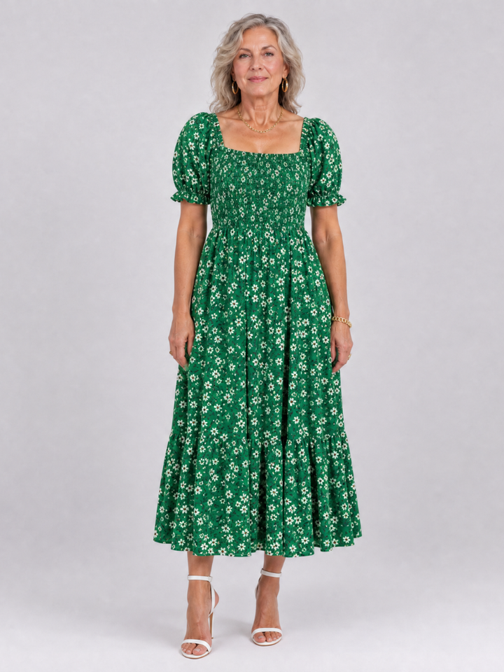 LOUSE | Floral Smocked Square Neck Midi Dress