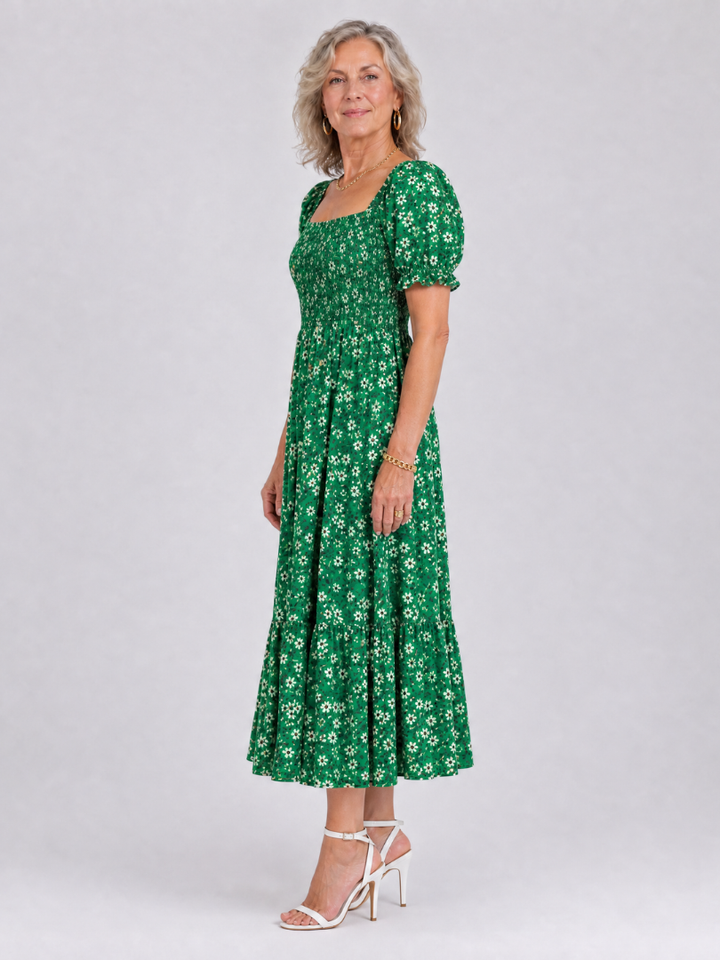 LOUSE | Floral Smocked Square Neck Midi Dress