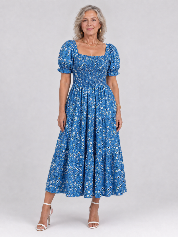 LOUSE | Floral Smocked Square Neck Midi Dress