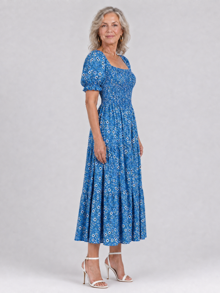 LOUSE | Floral Smocked Square Neck Midi Dress