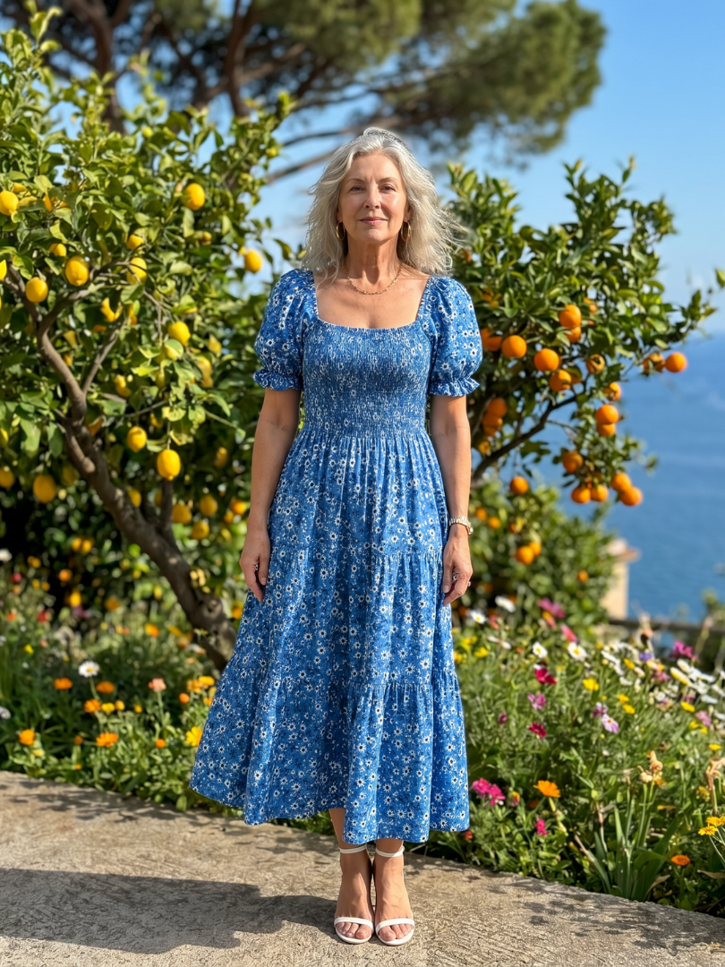 LOUSE | Floral Smocked Square Neck Midi Dress