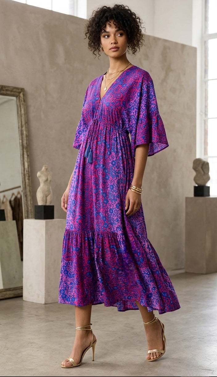 Printed Drawstring Waist Maxi Dress