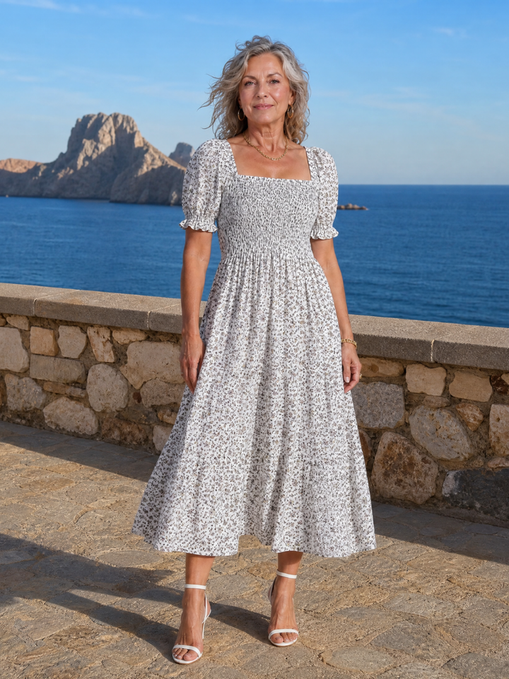 LOUSE | Floral Smocked Square Neck Midi Dress