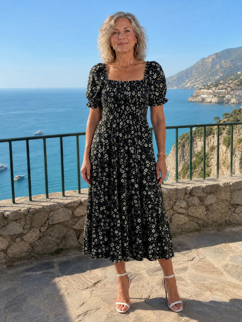 LOUSE | Floral Smocked Square Neck Midi Dress