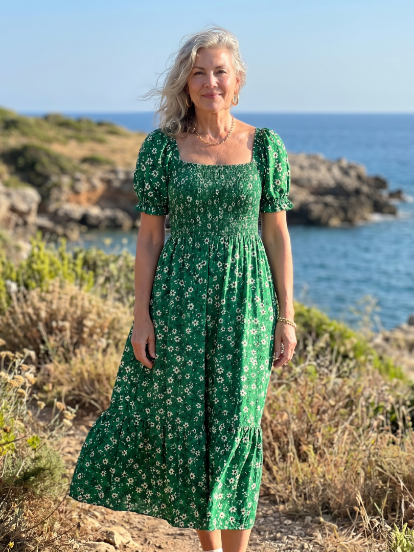 LOUSE | Floral Smocked Square Neck Midi Dress