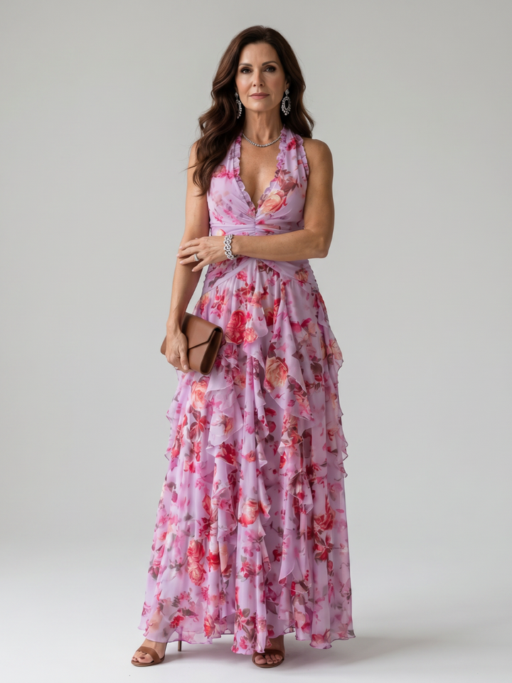 NORI| Halter Neck Ruched Bodice Floral Maxi Dress