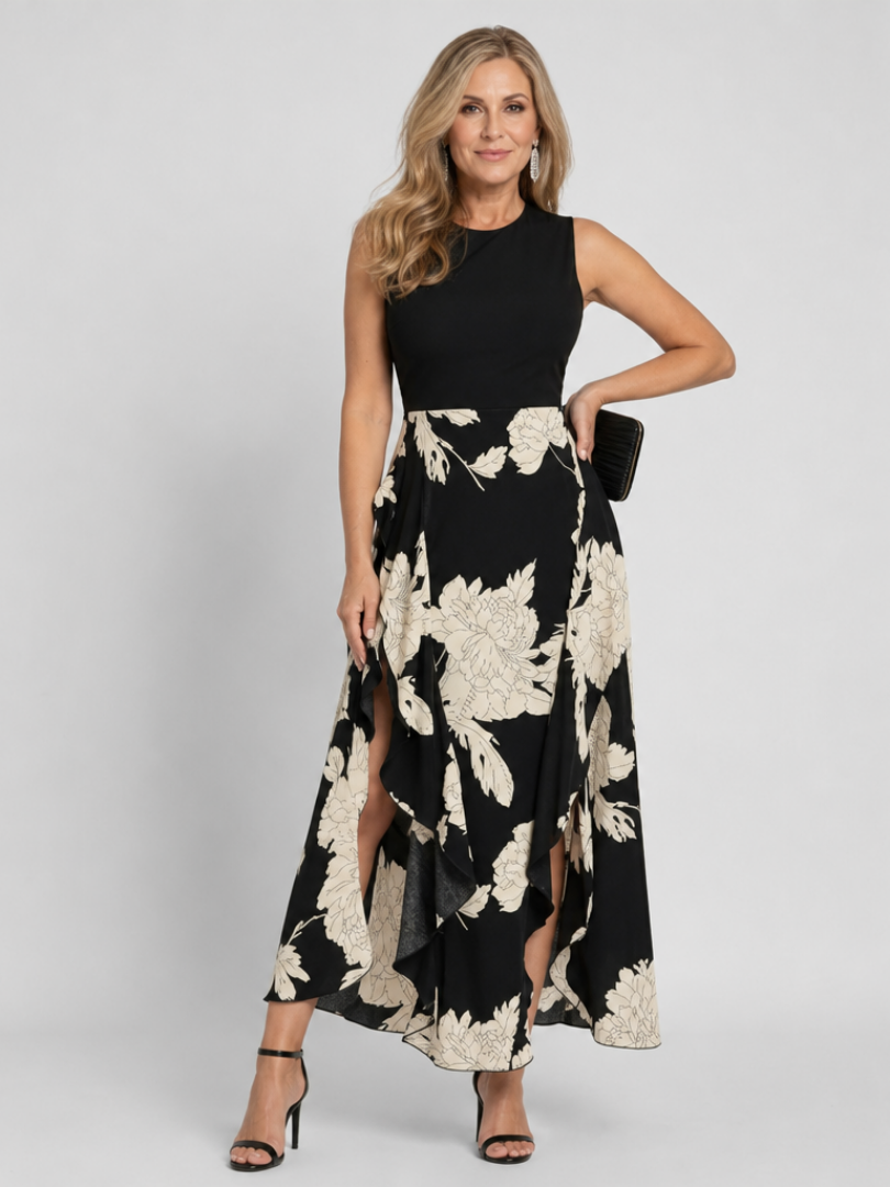 KLASEN | Sleeveless Floral Print High Low Hem Midi Dress