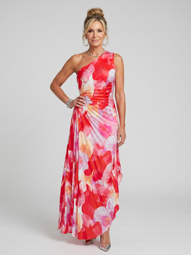 TAYA | One Shoulder Pleated Bodice Midi Dress