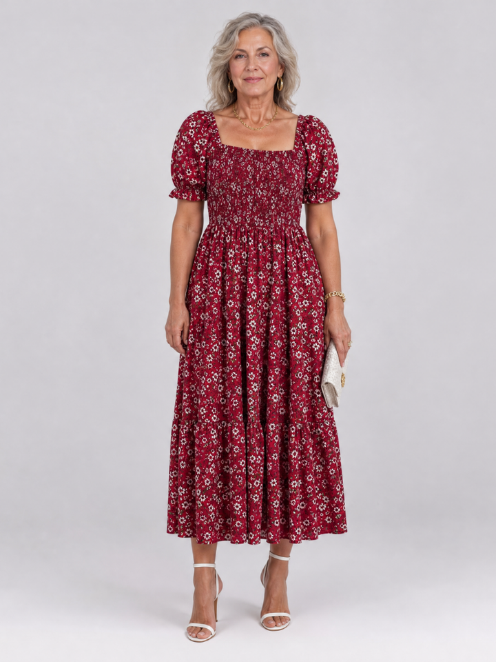 LOUSE | Floral Smocked Square Neck Midi Dress