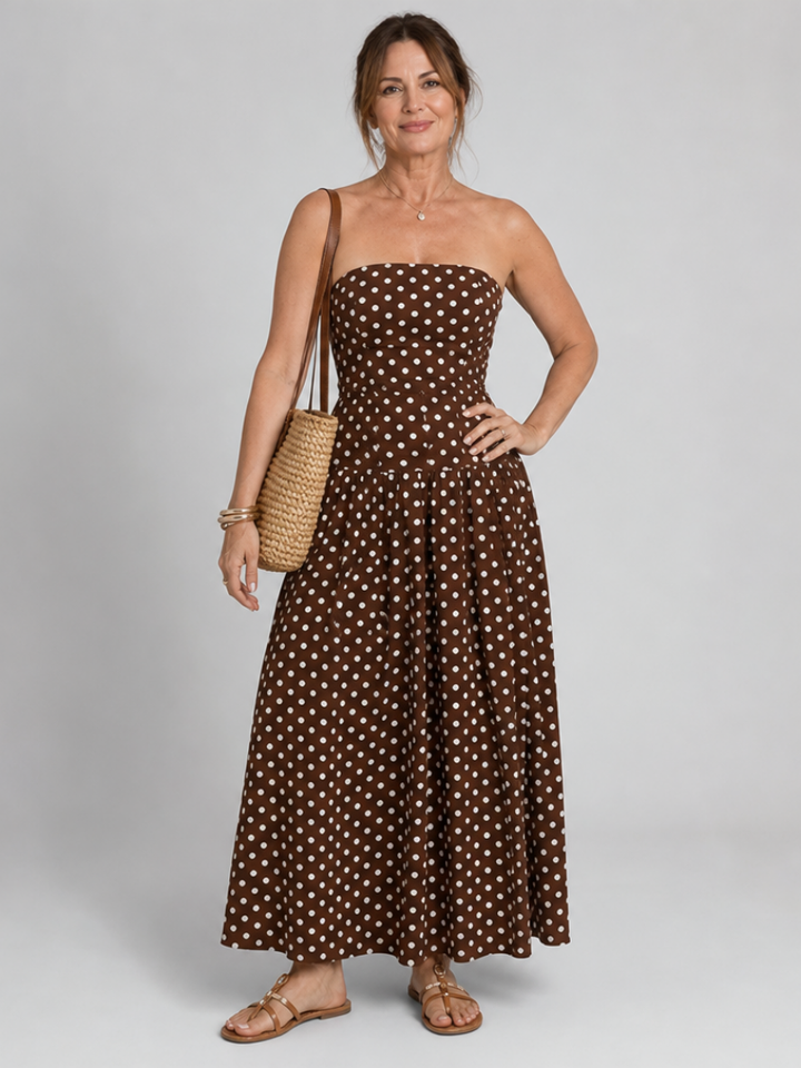 SORIEN | Strapless Polka Dot Pattern Midi Dress