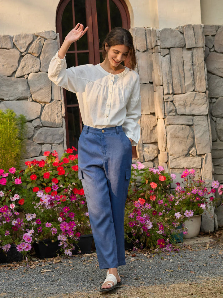 100% Linen Cargo Tapered Trousers with Patch Pockets JESSE