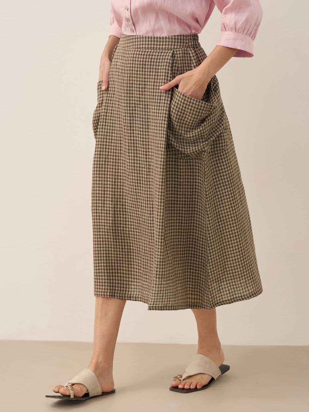 Linen Checked Elastic Waist Skirt ONYX