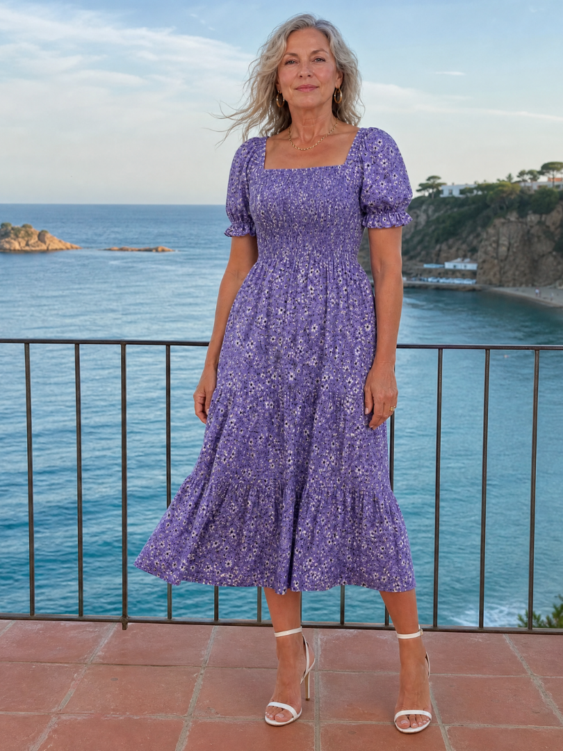 LOUSE | Floral Smocked Square Neck Midi Dress