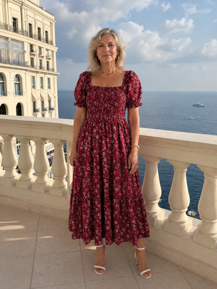 LOUSE | Floral Smocked Square Neck Midi Dress