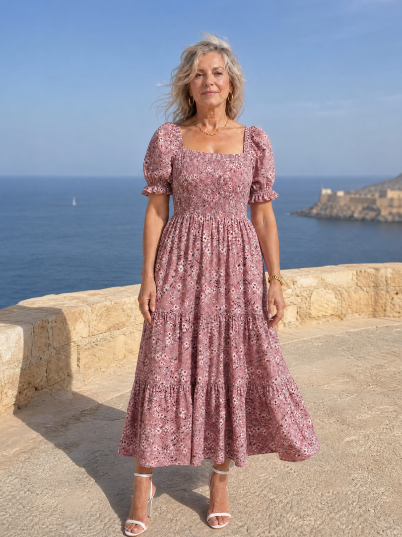 LOUSE | Floral Smocked Square Neck Midi Dress