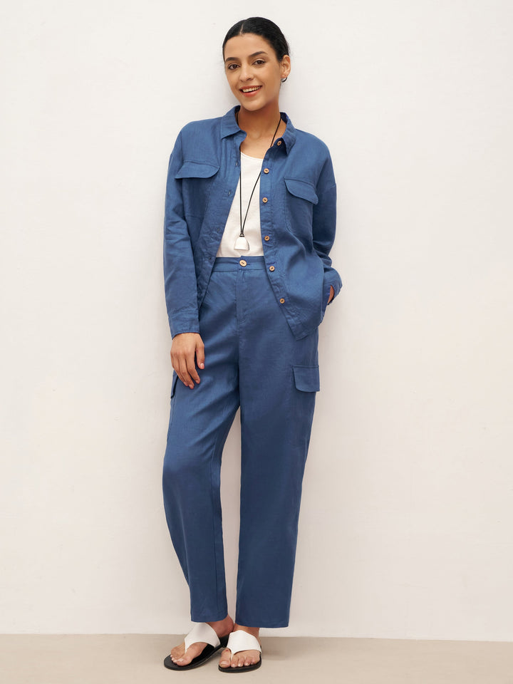 100% Linen Cargo Tapered Trousers with Patch Pockets JESSE