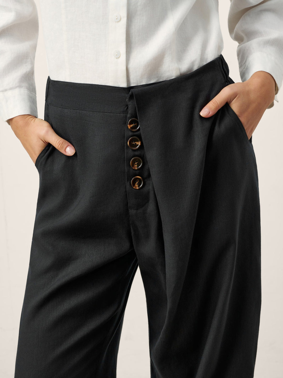 Linen-Lyocell Asymmetric Placket Straight Pants SAFFRON
