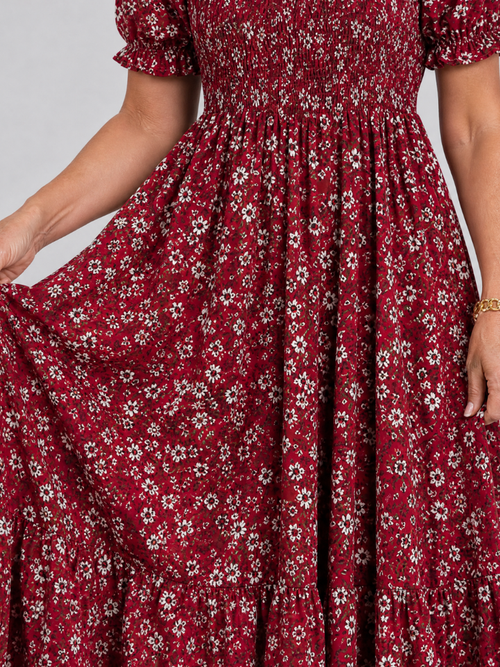 LOUSE | Floral Smocked Square Neck Midi Dress