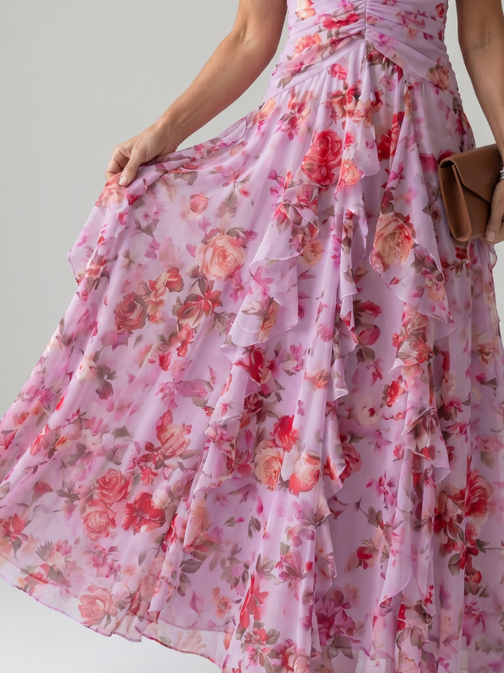 NORI| Halter Neck Ruched Bodice Floral Maxi Dress