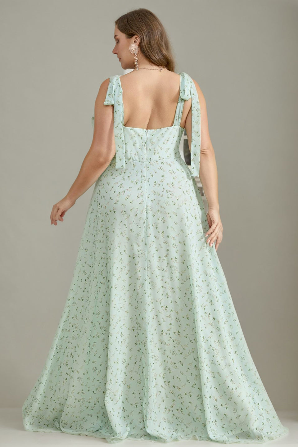 Plus Size Square Neck Spaghetti Strap Floral Embellishment High Slit Maxi Dress
