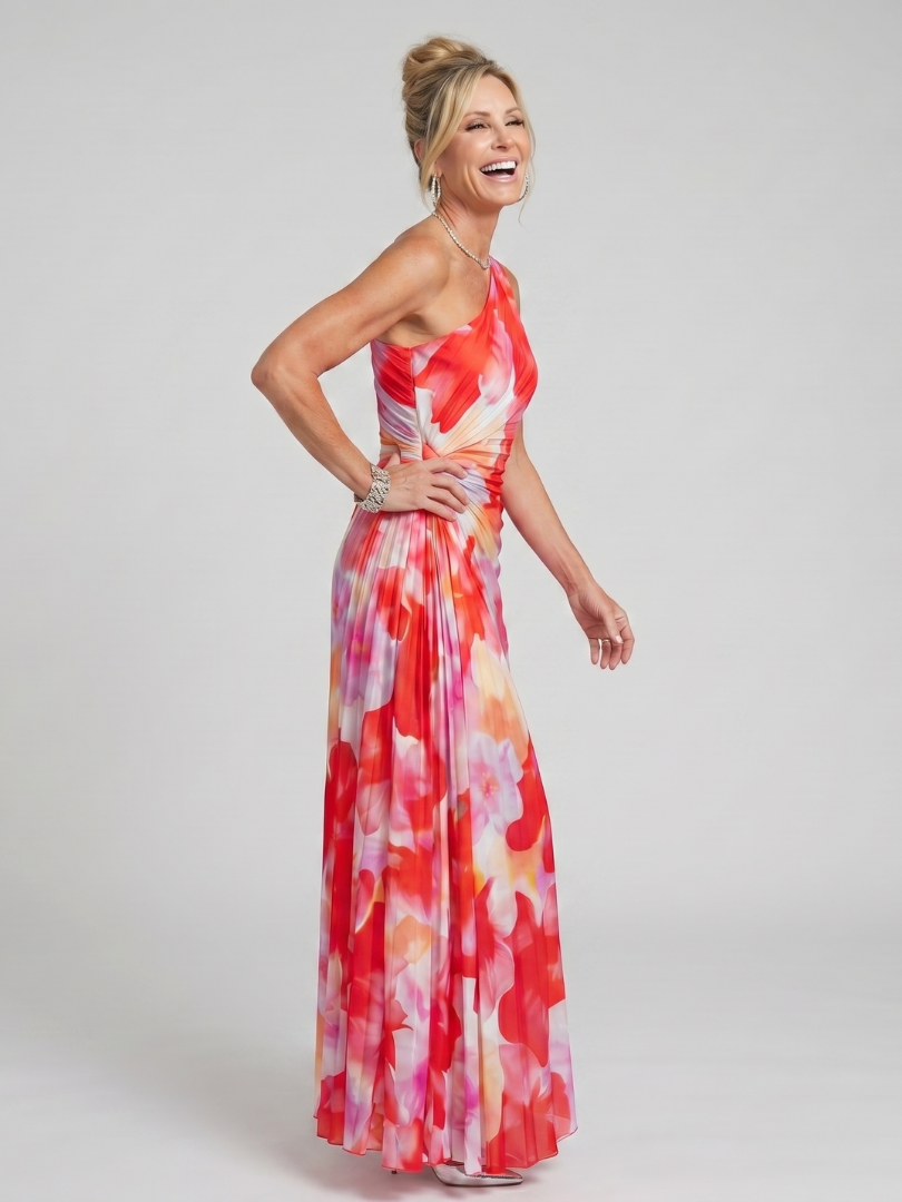 TAYA | One Shoulder Pleated Bodice Midi Dress
