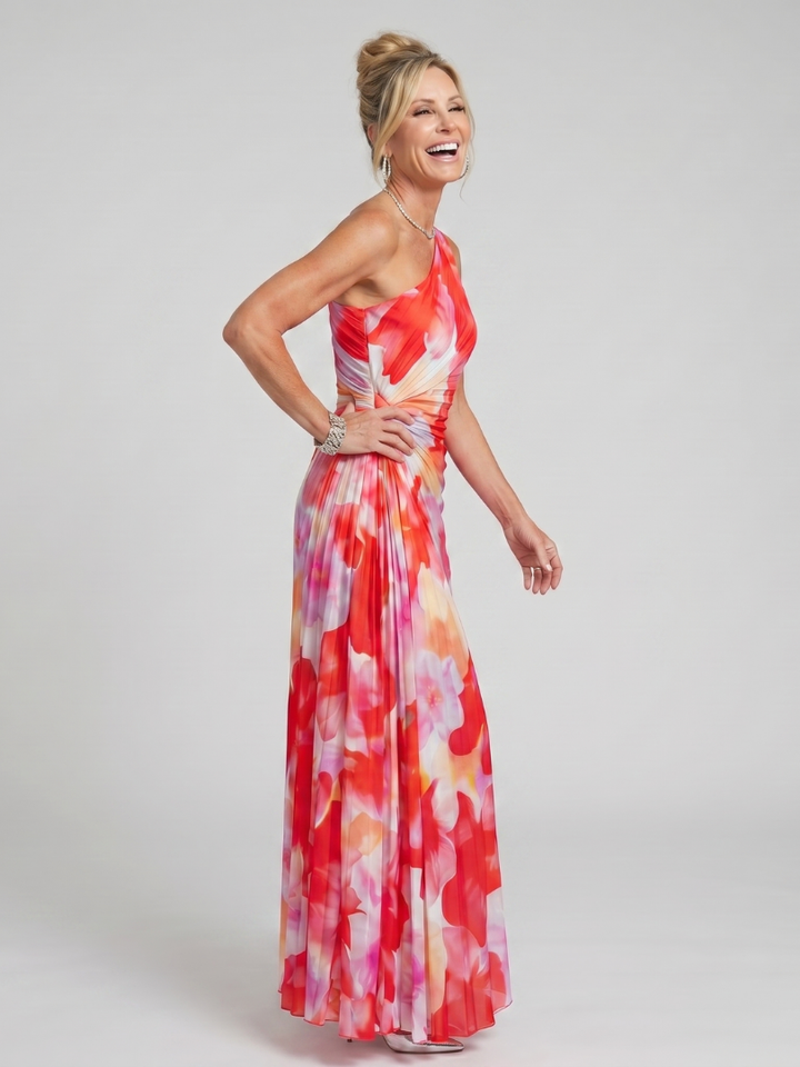 TAYA | One Shoulder Pleated Bodice Midi Dress