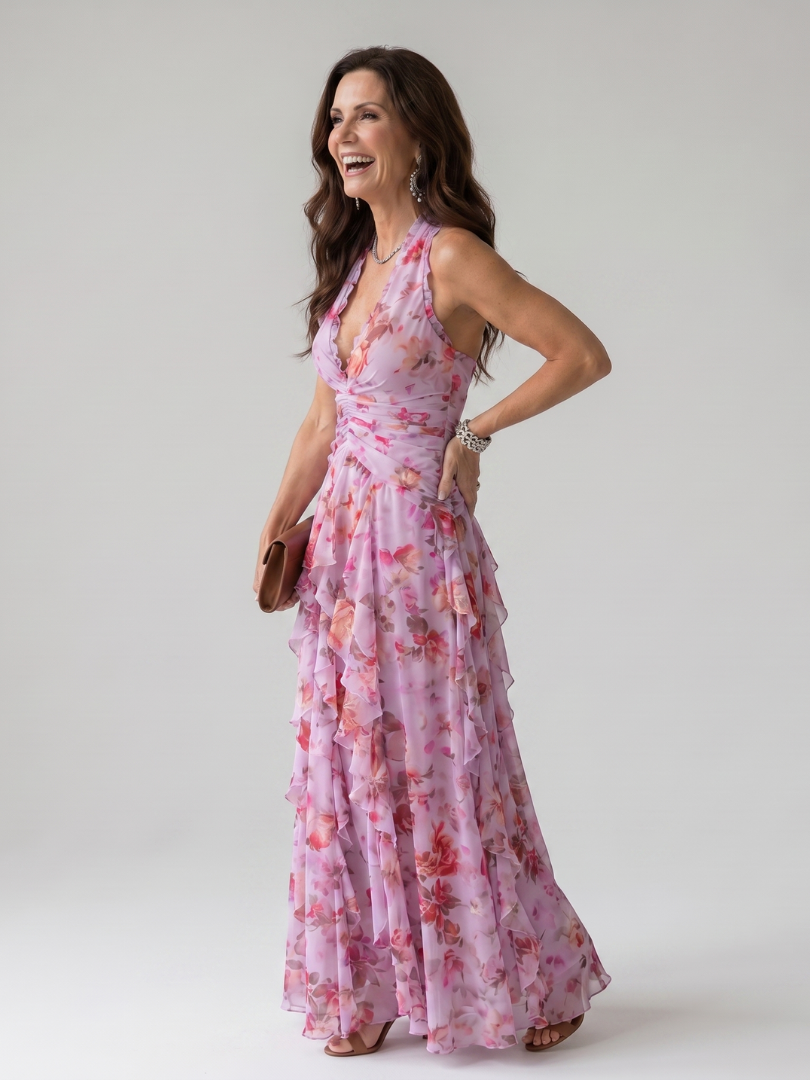 NORI| Halter Neck Ruched Bodice Floral Maxi Dress