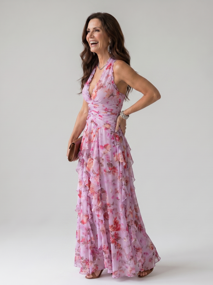 NORI| Halter Neck Ruched Bodice Floral Maxi Dress