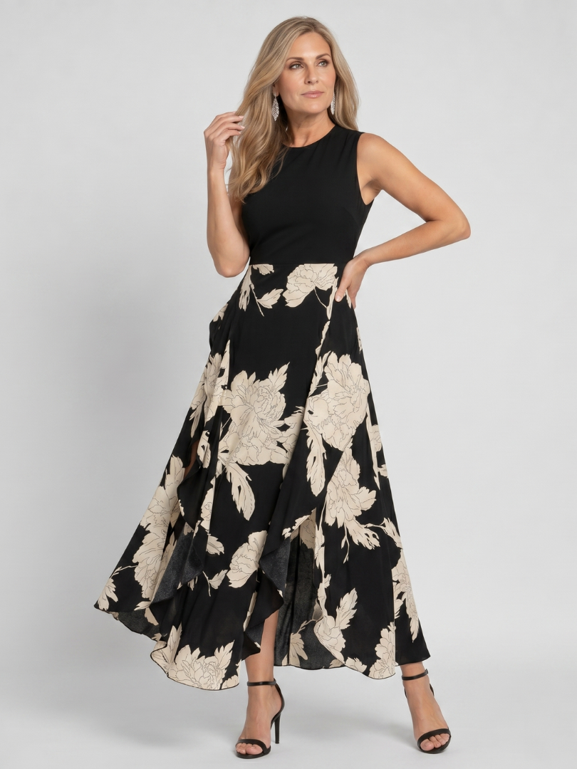 KLASEN | Sleeveless Floral Print High Low Hem Midi Dress