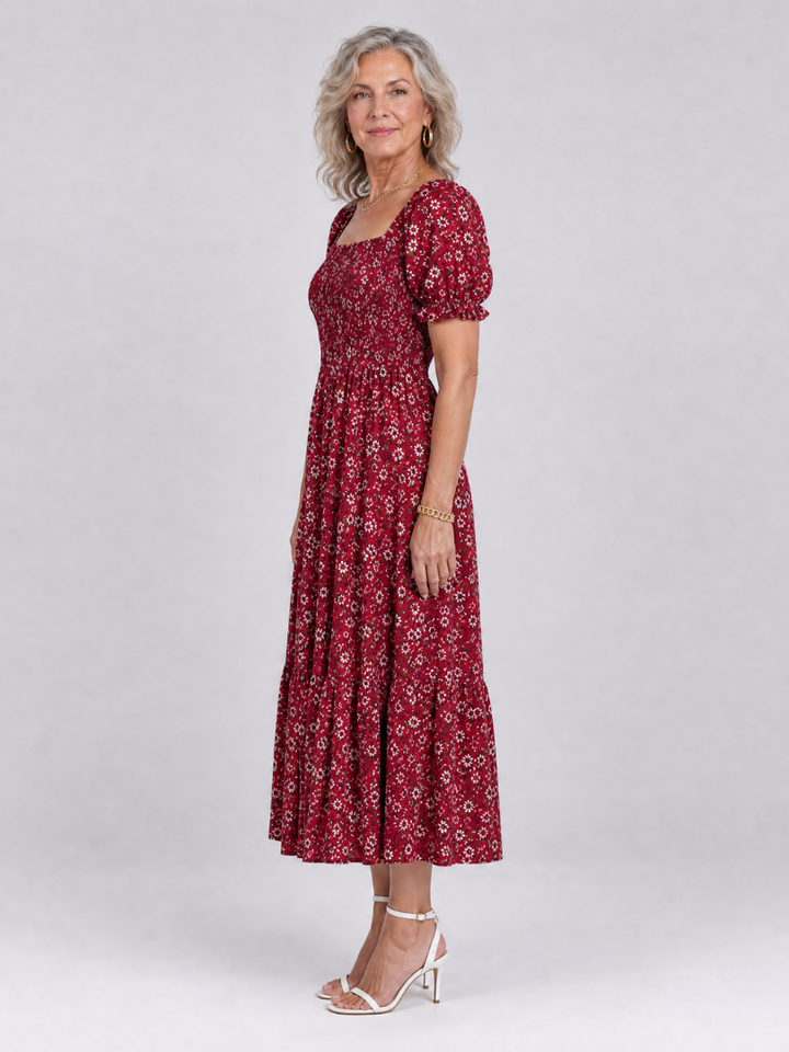 LOUSE | Floral Smocked Square Neck Midi Dress