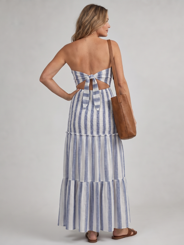 AZARIA | Strapless Tiered Stripe Skirt Midi Dress