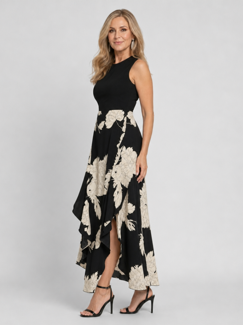 KLASEN | Sleeveless Floral Print High Low Hem Midi Dress