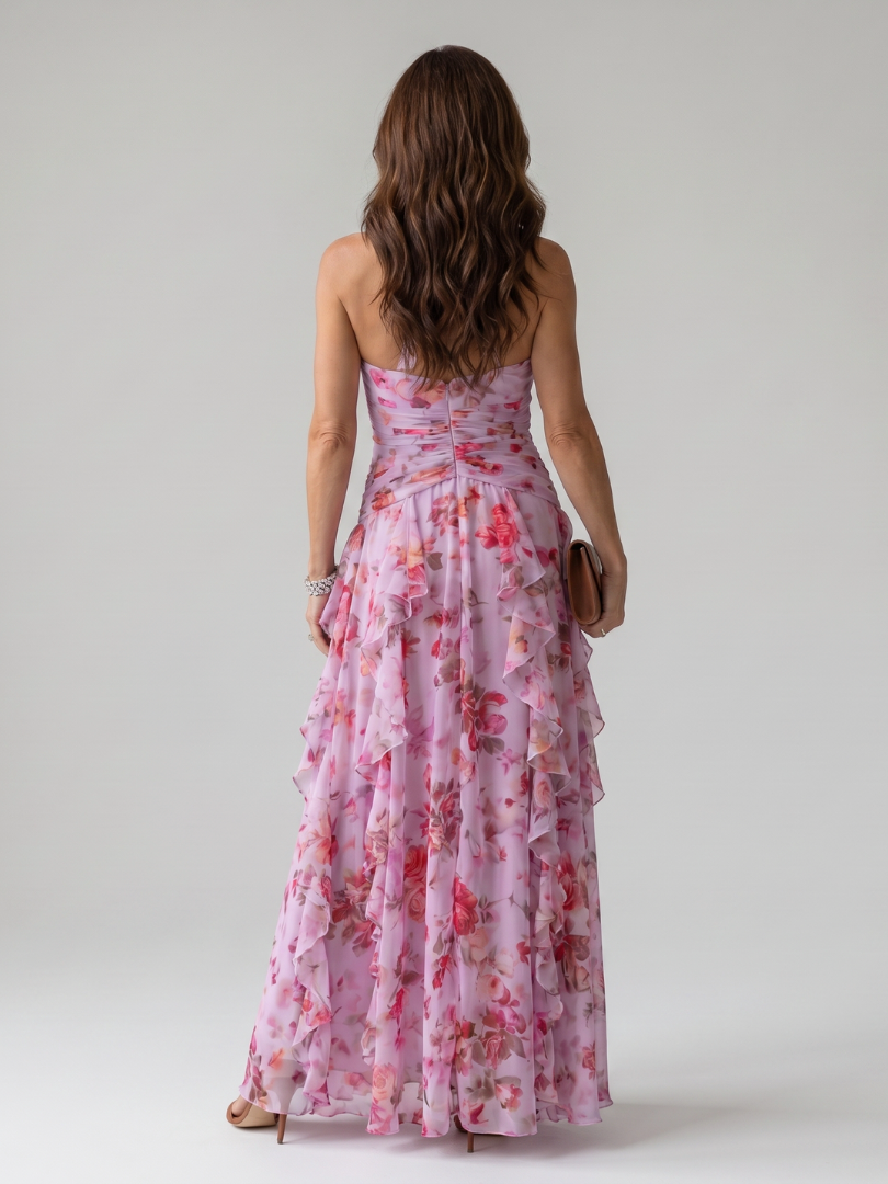 NORI| Halter Neck Ruched Bodice Floral Maxi Dress