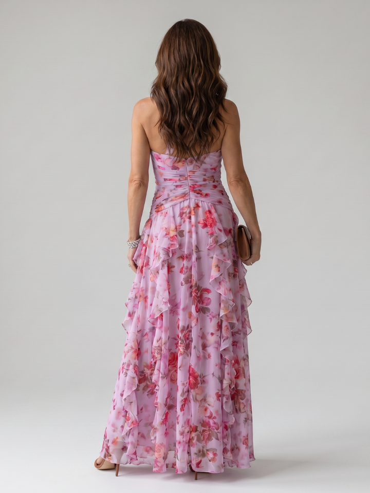 NORI| Halter Neck Ruched Bodice Floral Maxi Dress