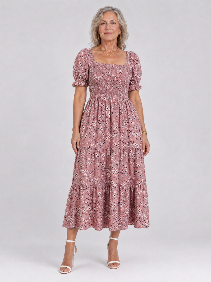 LOUSE | Floral Smocked Square Neck Midi Dress