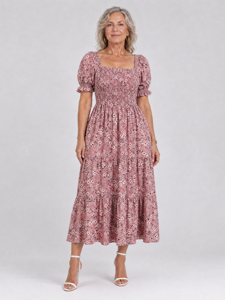 LOUSE | Floral Smocked Square Neck Midi Dress